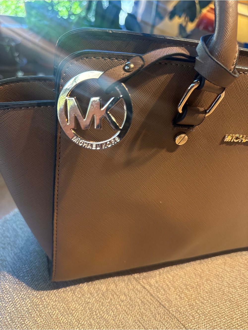 Michael Kors Brown Saffiano Satchel Handbag Gold MK Charm Structured Tote - Picture 2 of 5